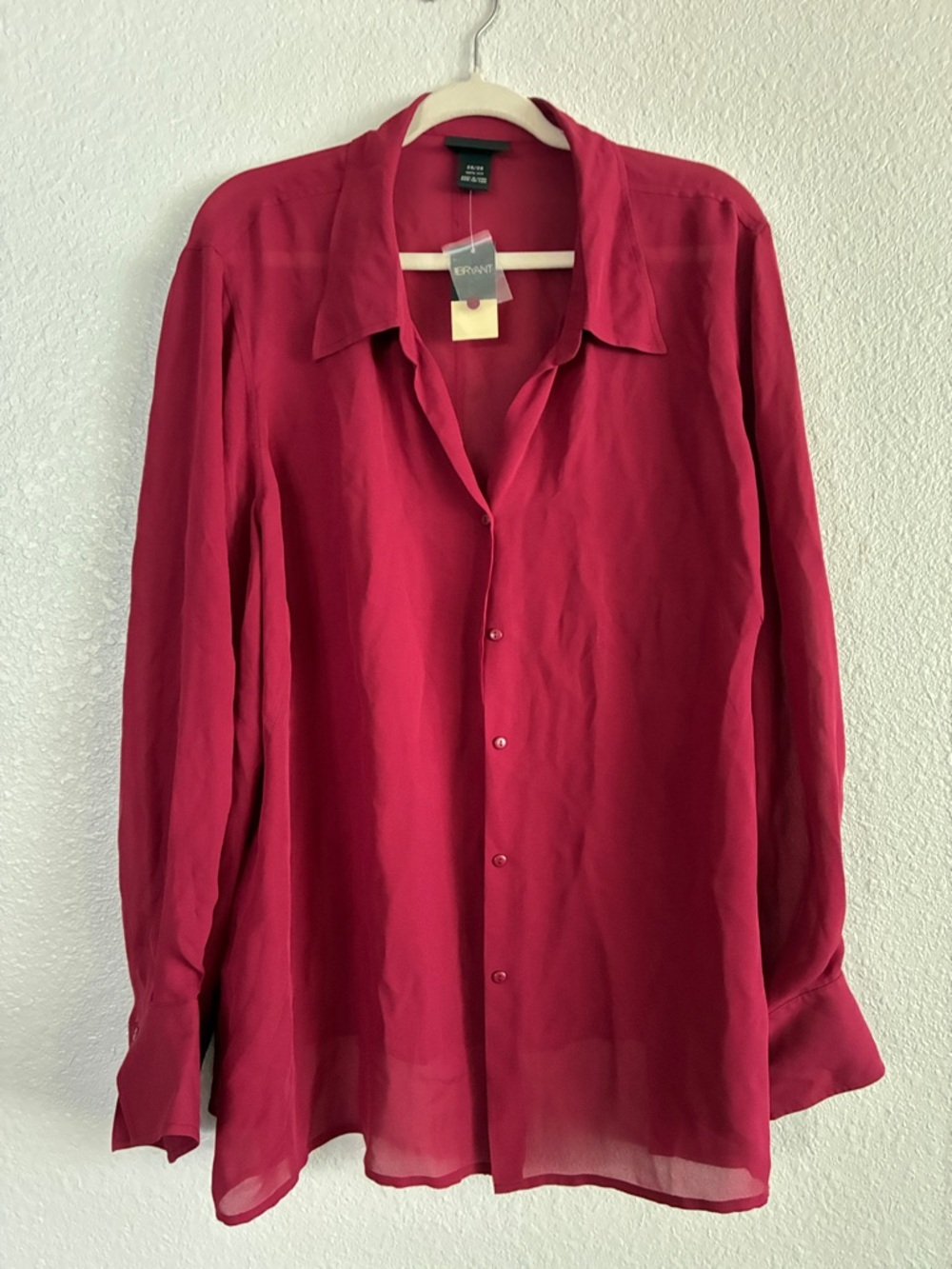 100% silk Red Button-Up Sheer Blouse